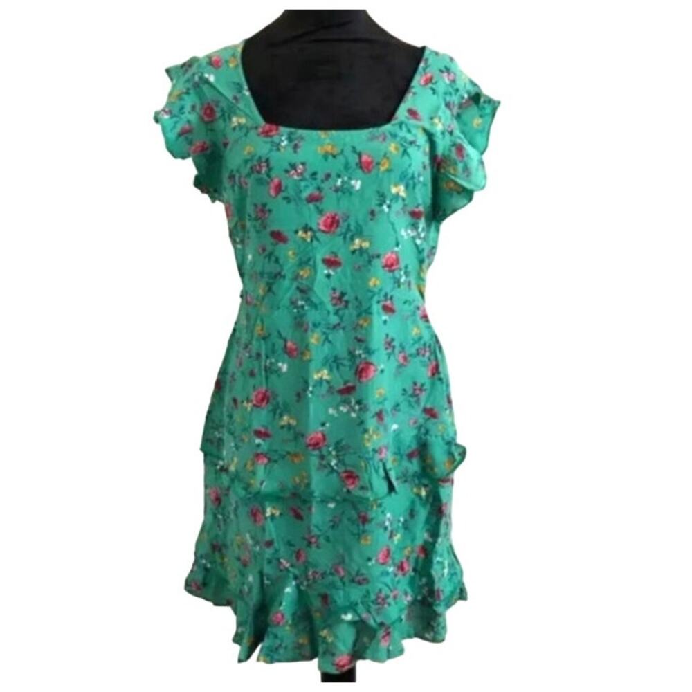LOTTIE & HOLLY BOG COLLECTIVE FLORAL‎ TIERED MINI DRESS GREEN PINK S-NEW
